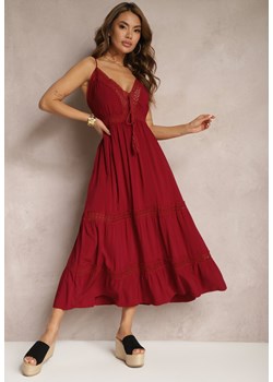 Bordowa Długa Sukienka z Bawełny Rozkloszowana na Cienkich Ramiączkach Partiea ze sklepu Renee odzież w kategorii Sukienki - zdjęcie 170924125