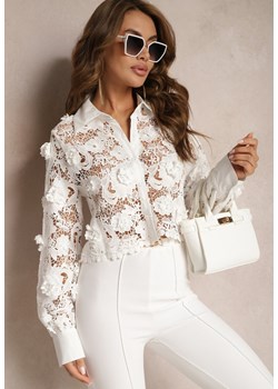 Biała Krótka Koszula Ażurowa Ozdobiona Aplikacją Kwiatów Erinets ze sklepu Renee odzież w kategorii Koszule damskie - zdjęcie 170924179