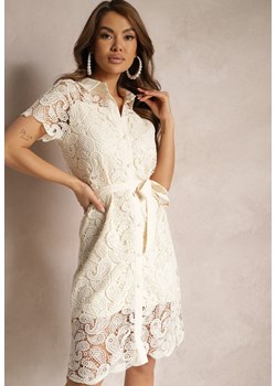 Beżowa Koszulowa Sukienka z Koronką Wiązana w Talii Daphnora ze sklepu Renee odzież w kategorii Sukienki - zdjęcie 170924199
