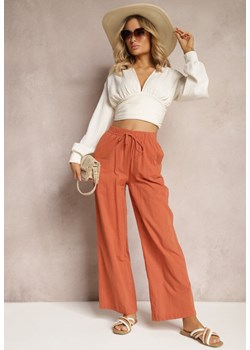 Pomarańczowe Szerokie Spodnie z Lnem i Bawełną z Gumką w Talii Axidata ze sklepu Renee odzież w kategorii Spodnie damskie - zdjęcie 170931379