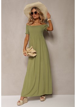 Jasnozielona Sukienka Bawełniana z Rozkloszowanym Dołem i Hiszpańskim Dekoltem Barino ze sklepu Renee odzież w kategorii Sukienki - zdjęcie 170931509
