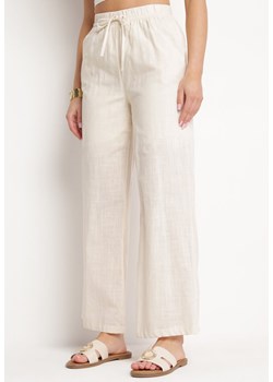 Jasnobeżowe Szerokie Spodnie z Lnem z Wiązaniem w Pasie Rainapa ze sklepu Born2be Odzież w kategorii Spodnie damskie - zdjęcie 170931758