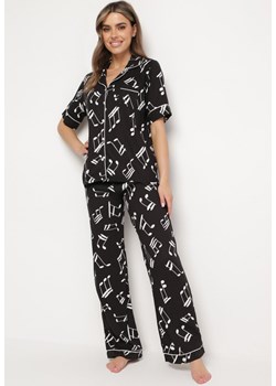 Czarny Komplet Piżamowy w Print z Wiskozy Spodnie z Gumką w Talii i Koszulowa Góra Adispro ze sklepu Born2be Odzież w kategorii Piżamy damskie - zdjęcie 170931785