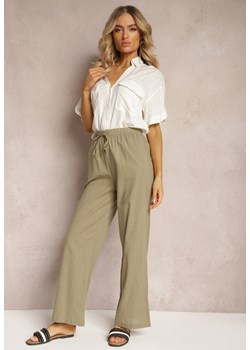 Zielone Szerokie Spodnie z Lnem i Bawełną z Gumką w Talii Axidata ze sklepu Renee odzież w kategorii Spodnie damskie - zdjęcie 170941138