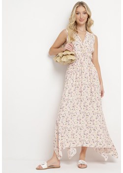 Jasnoróżowa Sukienka Letnia z Elastycznej Bawełny z Gumką w Talii w Kwiatki Rosastar ze sklepu Born2be Odzież w kategorii Sukienki - zdjęcie 170944877