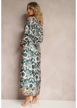 Zielono-Beżowa Satynowa Sukienka w Ornamentalny Wzór o Pudełkowym Fasonie Elirosa ze sklepu Renee odzież w kategorii Sukienki - zdjęcie 170959786