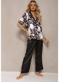 Czarny Komplet Piżamowy z Satynowego Materiału Koszula na Krótki Rękaw i Długie Spodnie Eneserea ze sklepu Renee odzież w kategorii Piżamy damskie - zdjęcie 170959855
