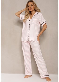 Jasnoróżowy Wiskozowy Komplet Piżamowy Ozdobiony Printem Koszula na Krótki Rękaw i Długie Spodnie Angelae ze sklepu Renee odzież w kategorii Piżamy damskie - zdjęcie 170959867