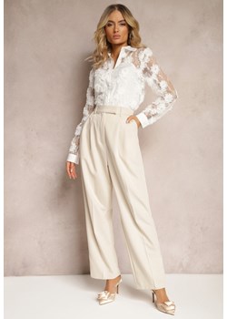 Beżowe Spodnie High Waist w Garniturowym Stylu z Kieszeniami Junife ze sklepu Renee odzież w kategorii Spodnie damskie - zdjęcie 170960027