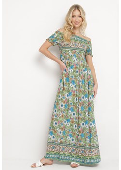Zielono-Niebieska Sukienka Hiszpanka z Bawełny z Wzorem w Kwiaty w Stylu Boho  Hesperea ze sklepu Born2be Odzież w kategorii Sukienki - zdjęcie 170960387