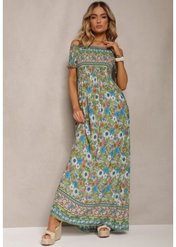 Zielono-Niebieska Sukienka z Hiszpańskim Dekoltem z Bawełny w Kwiaty Jenefera ze sklepu Renee odzież w kategorii Sukienki - zdjęcie 170973009