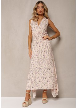 Jasnoróżowa Bawełniana Sukienka z Gumką w Pasie Kopertowym Dekoltem w Kwiaty Anelette ze sklepu Renee odzież w kategorii Sukienki - zdjęcie 170973057