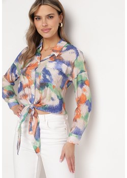 Beżowo-Granatowa Koszula z Artystycznym Wzorem z Wiązaniem i Kieszeniami Avertippa ze sklepu Born2be Odzież w kategorii Koszule damskie - zdjęcie 170982128