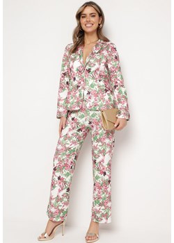 Różowo-Białe Spodnie z Szerokimi Nogawkami z Wysokim Stanem w Kwiecisty Wzór Kastaria ze sklepu Born2be Odzież w kategorii Spodnie damskie - zdjęcie 171000865