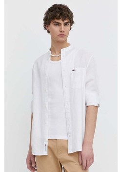 Tommy Jeans koszula z domieszką lnu kolor biały regular ze stójką ze sklepu ANSWEAR.com w kategorii Koszule męskie - zdjęcie 171013235