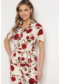 Beżowo-Bordowa Koszula w Kwiaty z Wiązaniem w Talii Bromelia ze sklepu Born2be Odzież w kategorii Koszule damskie - zdjęcie 171024397
