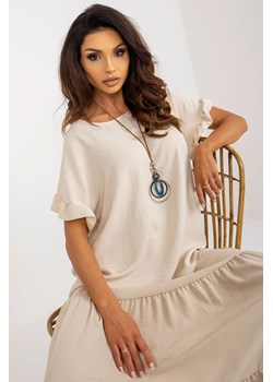 Beżowa zwiewna bluzka oversize z krótkim rękawem ze sklepu 5.10.15 w kategorii Bluzki damskie - zdjęcie 171146788