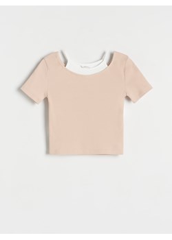 Reserved - Prążkowany t-shirt - beżowy ze sklepu Reserved w kategorii Bluzki dziewczęce - zdjęcie 171148725