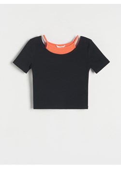 Reserved - Prążkowany t-shirt - czarny ze sklepu Reserved w kategorii Bluzki dziewczęce - zdjęcie 171148728