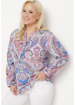 Niebiesko-FIoletowa Bluzka Koszula z Guzikami Przy Dekolcie w Ornamentalny Print Indafare ze sklepu Born2be Odzież w kategorii Koszule damskie - zdjęcie 171149278
