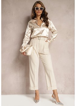 Beżowe Garniturowe Spodnie High Waist z Paskiem z Klamrą Ficuza ze sklepu Renee odzież w kategorii Spodnie damskie - zdjęcie 171166259