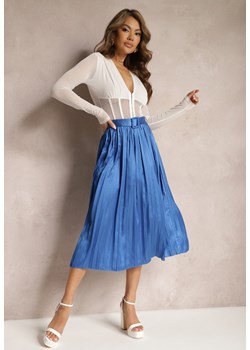 Niebieska Plisowana Spódnica Rozkloszowana z Paskiem z Satyny i Klamerką Abellema ze sklepu Renee odzież w kategorii Spódnice - zdjęcie 171166309