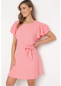 Różowa Sukienka z Rękawami z Falbankami Wiązana w Talii Quentellia ze sklepu Born2be Odzież w kategorii Sukienki - zdjęcie 171166877