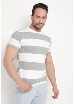Szara Casualowa Koszulka z Krótkim Rękawem z Bawełny w Paski Benneli ze sklepu Born2be Odzież w kategorii T-shirty męskie - zdjęcie 171187186