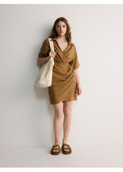 Reserved - Kopertowa sukienka mini z lnem - brązowy ze sklepu Reserved w kategorii Sukienki - zdjęcie 171196518