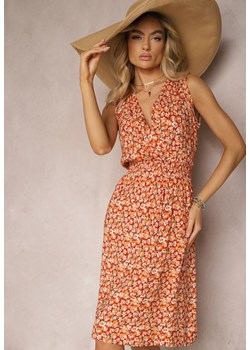 Czerwono-Pomarańczowa Rozkloszowana Sukienka w Kwiaty z Kopertową Górą i Gumką w Talii Ricada ze sklepu Renee odzież w kategorii Sukienki - zdjęcie 171199845