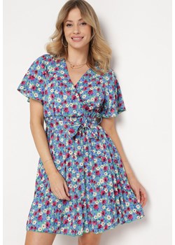 Niebieska Rozkloszowana Sukienka z Gumką w Talii z Dodatkowym Paskiem Ellandera ze sklepu Born2be Odzież w kategorii Sukienki - zdjęcie 171200027