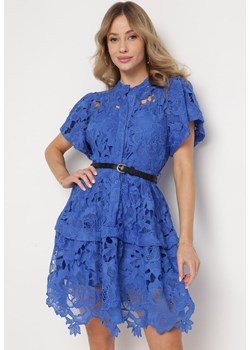 Granatowa Koronkowa Sukienka Koszulowa Mini z Paskiem Nilira ze sklepu Born2be Odzież w kategorii Sukienki - zdjęcie 171200047