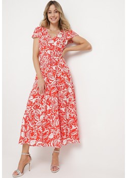 Czerwona Sukienka z Wiskozy z Krótkim Rękawem i Ściągaczami w Talii Keneli ze sklepu Born2be Odzież w kategorii Sukienki - zdjęcie 171225016