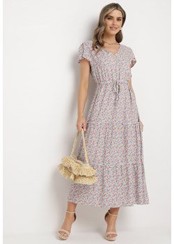 Biało-Różowa Sukienka z Wiskozy z Krótkim Rękawem i Ściągaczami w Talii Amatellia ze sklepu Born2be Odzież w kategorii Sukienki - zdjęcie 171225037