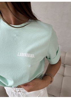 Miętowy t-shirt Lamanuel z podwiniętymi rękawami Sannolia - miętowy ze sklepu pakuten.pl w kategorii Bluzki damskie - zdjęcie 171225999