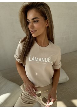 Beżowy t-shirt Lamanuel z podwijanymi rękawami Arllko - beżowy ze sklepu pakuten.pl w kategorii Bluzki damskie - zdjęcie 171226025