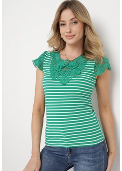 Zielony Bawełniany T-shirt w Paski z Koronkowymi Wstawkami Idamarie ze sklepu Born2be Odzież w kategorii Bluzki damskie - zdjęcie 171230067
