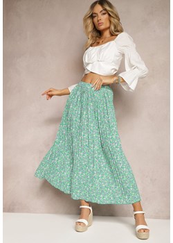 Zielona Plisowana Spódnica w Kwiatki z Rozkloszowanym Dołem i Gumką w Talii Tivitellia ze sklepu Renee odzież w kategorii Spódnice - zdjęcie 171232345