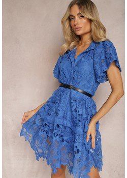 Granatowa Koszulowa Sukienka Midi z Ażurową Koronką i Paskiem Silira ze sklepu Renee odzież w kategorii Sukienki - zdjęcie 171232385