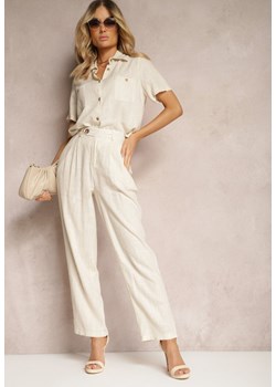 Jasnobeżowe Szerokie Spodnie z Lnu i Wiskozy o Luźnym Kroju Adnetha ze sklepu Renee odzież w kategorii Spodnie damskie - zdjęcie 171232506