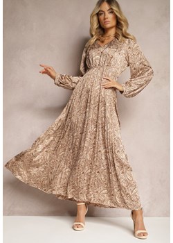 Beżowa  Rozkloszowana Sukienka z Plisowanym Dołem Wykończona Guzikami Xilalara ze sklepu Renee odzież w kategorii Sukienki - zdjęcie 171232557