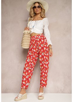 Czerwone Wiskozowe Spodnie z Gumką w Pasie w Kwiatowy Wzór Tellnama ze sklepu Renee odzież w kategorii Spodnie damskie - zdjęcie 171232935