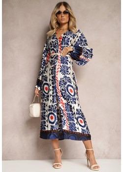 Niebieska Pudełkowa Sukienka z Satynowej Tkaniny w Ornamentalny Wzór Allilena ze sklepu Renee odzież w kategorii Sukienki - zdjęcie 171258576