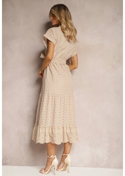 Beżowa Koszulowa Sukienka z Ażurowej Bawełny Wiązana w Talii Lulilena ze sklepu Renee odzież w kategorii Sukienki - zdjęcie 171258696