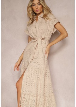 Beżowa Koszulowa Sukienka z Ażurowej Bawełny Wiązana w Talii Lulilena ze sklepu Renee odzież w kategorii Sukienki - zdjęcie 171258699
