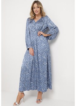 Niebieska Plisowana Sukienka z Gumką w Pasie Zapinana na Guziki Wilalita ze sklepu Born2be Odzież w kategorii Sukienki - zdjęcie 171259025