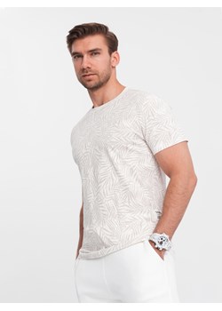 T-shirt męski fullprint w liście palmy - jasnobeżowy V1 OM-TSFP-0182 ze sklepu ombre w kategorii T-shirty męskie - zdjęcie 171261198
