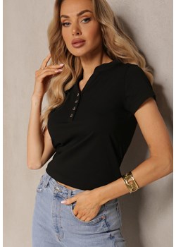 Czarny Bawełniany T-shirt z Guzikami przy Dekolcie  Wialina ze sklepu Renee odzież w kategorii Bluzki damskie - zdjęcie 171267028