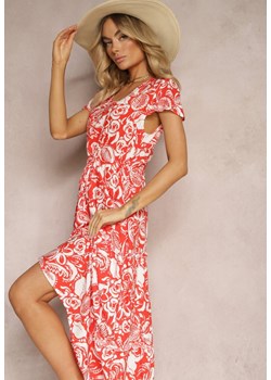 Czerwona Wiskozowa Sukienka ze Ściągaczami w Pasie z Dekoltem w Szpic Quneli ze sklepu Renee odzież w kategorii Sukienki - zdjęcie 171267038