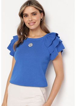 Niebieska Bluzka z Falbankowymi Rękawami i Broszką z Cyrkonii Julietts ze sklepu Born2be Odzież w kategorii Bluzki damskie - zdjęcie 171267377